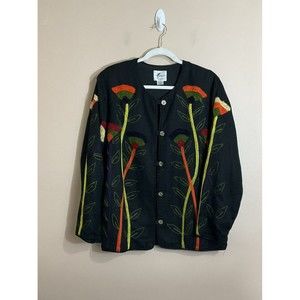 Womens Wearable Art Jacket Size Medium Black Floral Embroidered Boho Colorful